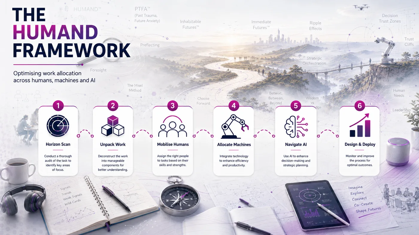 The HUMAND framework, a 6-step process for deciding what work belongs to humans, machines, and AI.